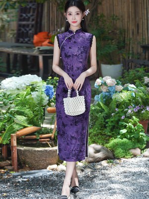 Purple Floral Print Qipao Cheongsam Dress