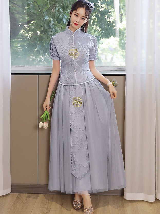Gray Pink Bridesmaids Wedding Qun Kwa & Tulle Skirt