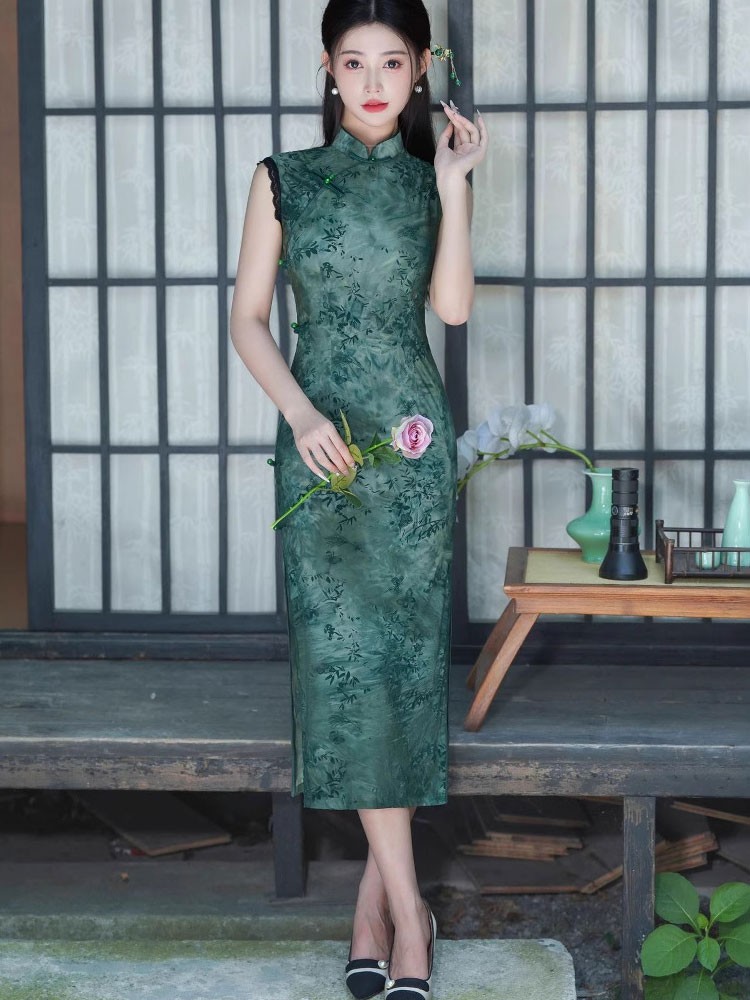 Green Floral Print Sleeveless Qipao Cheongsam Dress
