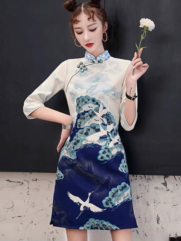 Clearance Vintage Print Cheongsam Qipao Dress