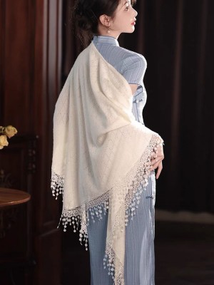 White Knit Cheongsam Wrap Shawl