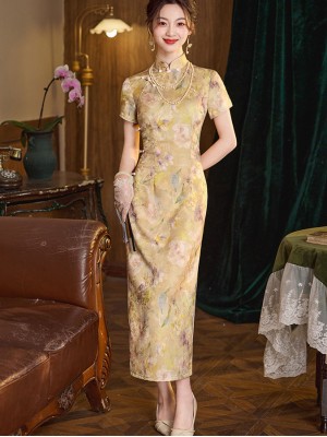Yellow Floral Print Cheongsam Qipao Dress