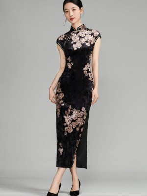 Black Floral Velvet Cheongsam Qipao Dress