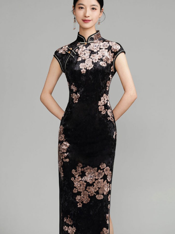 Black Floral Velvet Cheongsam Qipao Dress