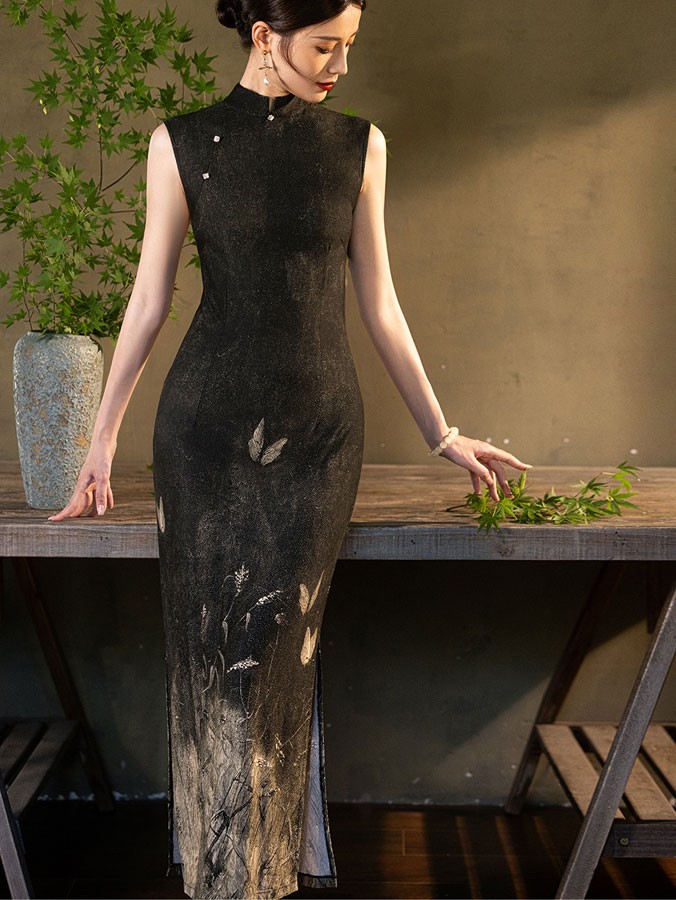 Black Print Knitted Maxi Cheongsam Qipao Dress
