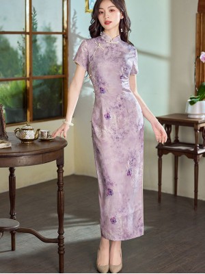 Purple Floral Print Cheongsam Qipao Dress