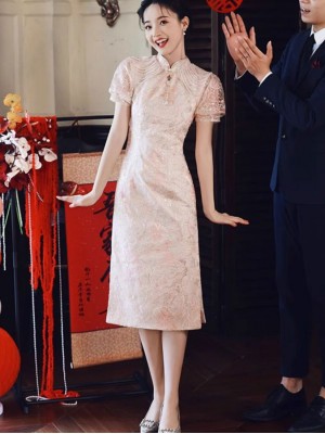 Pink Floral Lace Wedding Bridal Qipao Cheongsam Dress