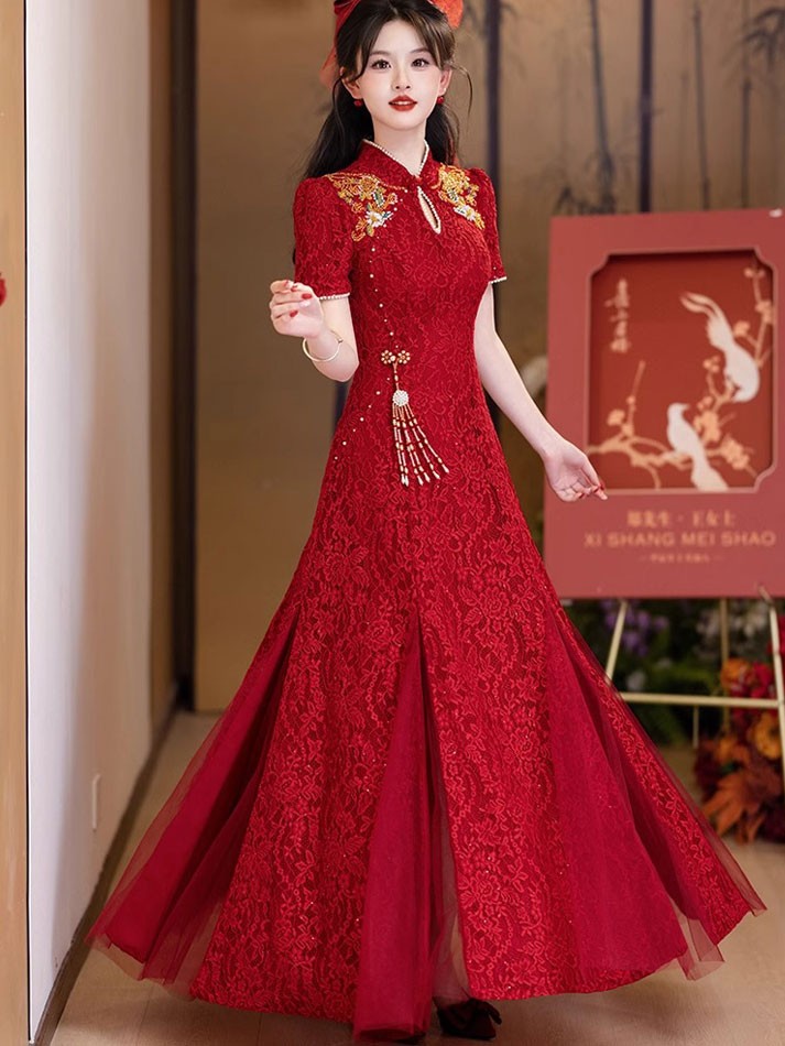 Burgundy Shimmer Lace A-Line Wedding Qipao Cheongsam Dress