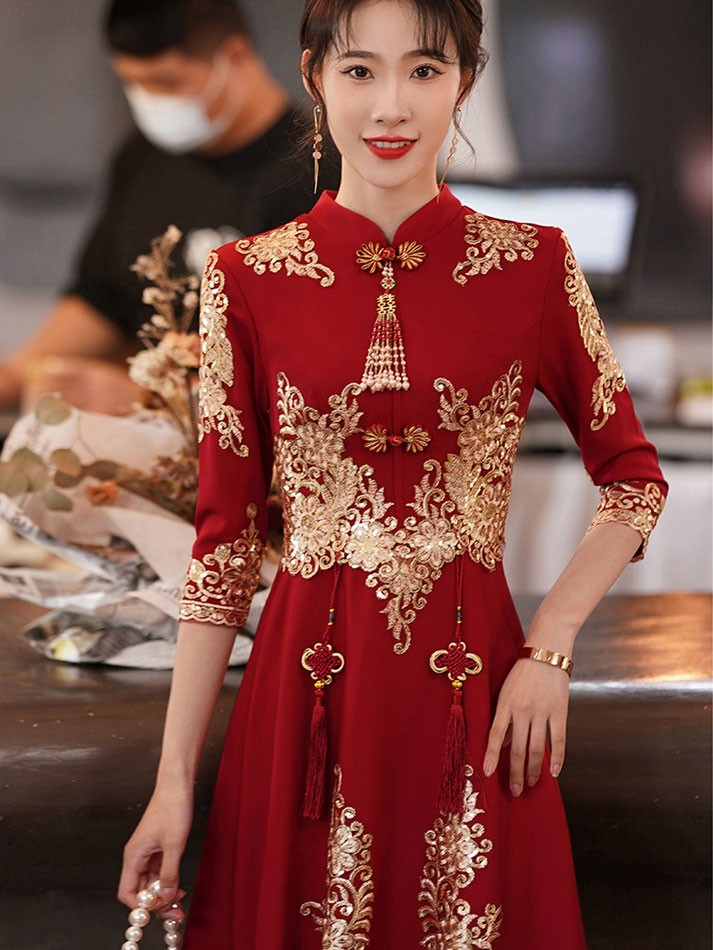 Burgundy Maxi A-Line Wedding Qipao Cheongsam Dress