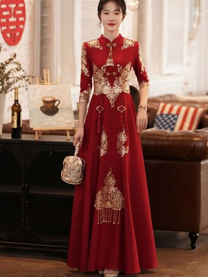 Burgundy Maxi A-Line Wedding Qipao Cheongsam Dress