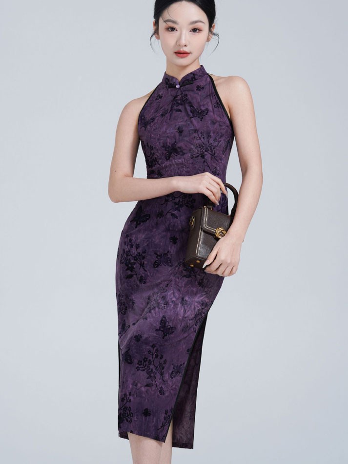 Purple Floral Halter Midi Cheongsam Qipao Dress