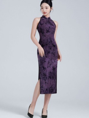 Purple Floral Halter Midi Cheongsam Qipao Dress