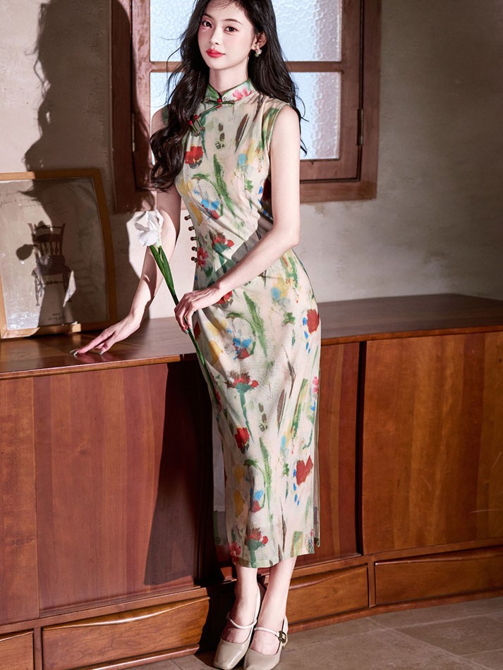 2025 Floral Print Cheongsam Qipao Dress