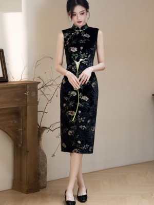 Black Floral Velvet Midi Cheongsam Qipao Dress