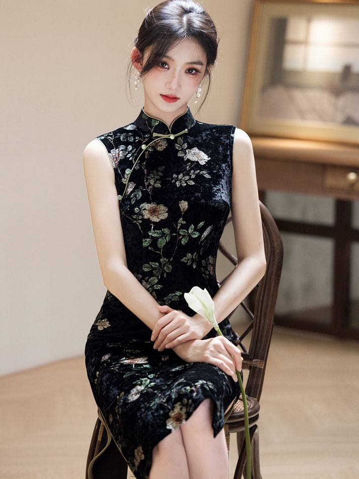 Black Floral Velvet Midi Cheongsam Qipao Dress