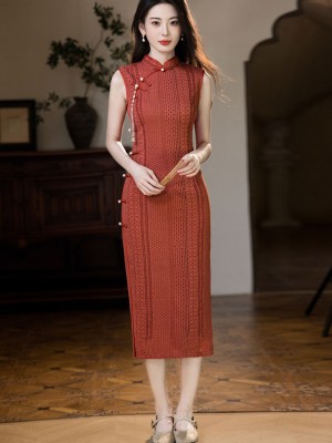 Knitted Strip Midi Cheongsam Qipao Dress