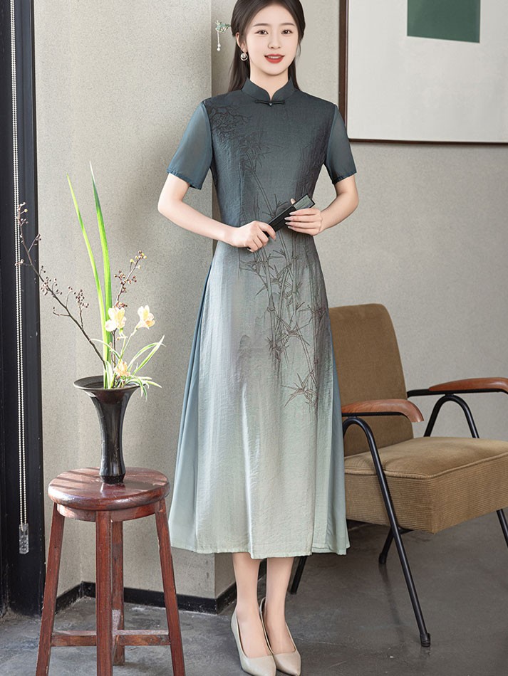 Purple Gray Mothers A-Line Cheongsam Qipao Dress