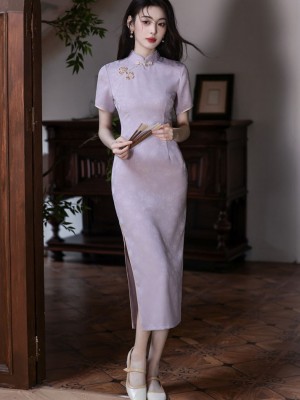 Purple Jacquard Floral Cheongsam Qipao Dress