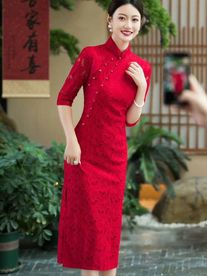 Red Floral Lace Wedding Bridal Cheongsam Qipao Dress