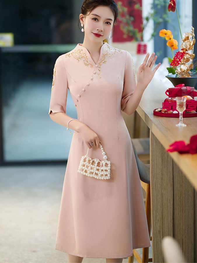 Pink Red Mothers A-Line Wedding Cheongsam Qipao Dress