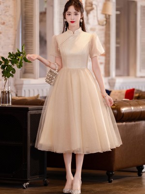 Champagne A-line Midi Cheongsam Qipao Dress