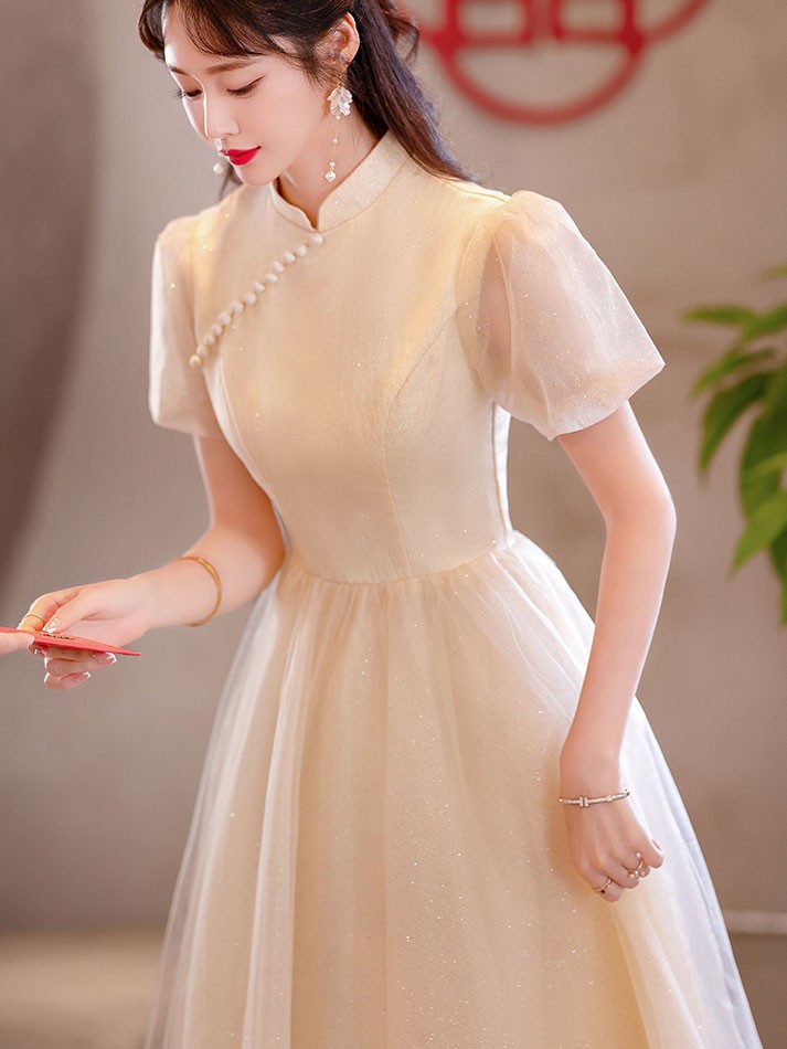 Champagne A-line Midi Cheongsam Qipao Dress