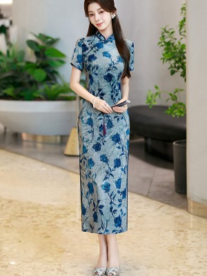 Purple Blue Floral Velvet Cheongsam Qipao Dress