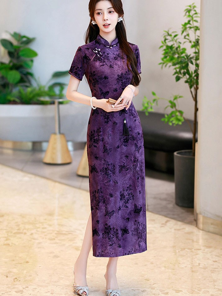 Purple Blue Floral Velvet Cheongsam Qipao Dress