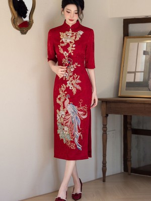 Red Jacquard Sequins Phoenix Wedding Cheongsam Qipao Dress