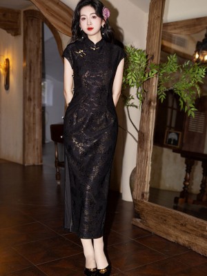 Black Floral Lace Cheongsam Qipao Dress