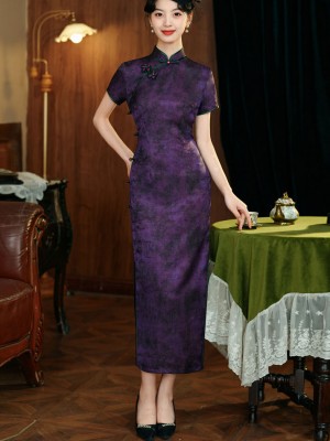 Green Purple Jacquard Floral Cheongsam Qipao Dress