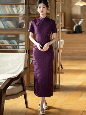 Purple Red Jacquard Mothers Wedding Cheongsam Qipao Dress