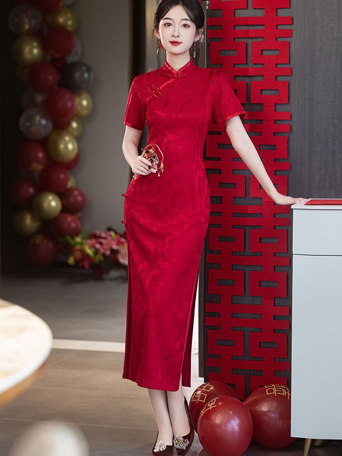 Purple Red Jacquard Mothers Wedding Cheongsam Qipao Dress