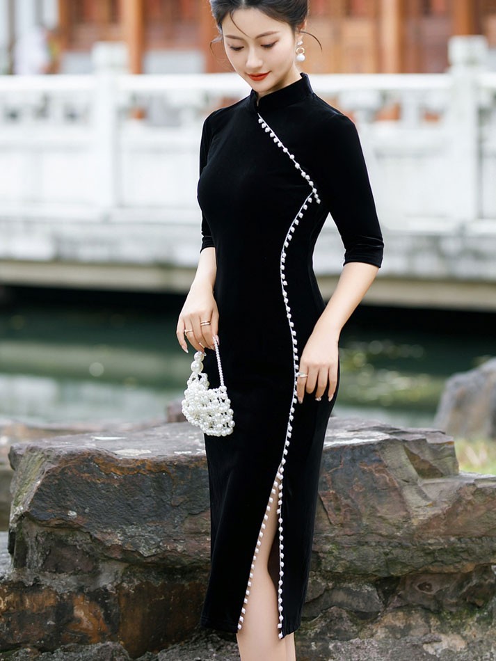 Red Black Beads Embellished Velvet Qipao Cheongsam Dress