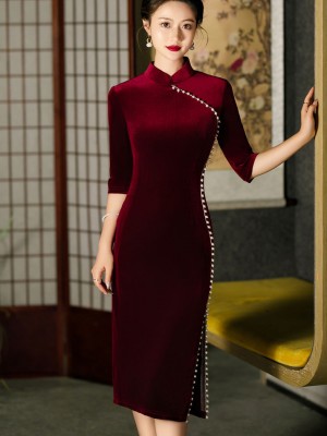 Red Black Beads Embellished Velvet Qipao Cheongsam Dress