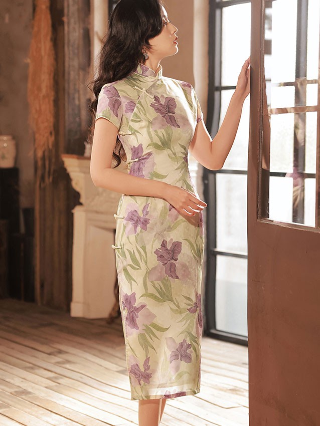 Purple Floral Print Cheongsam Qipao Dress