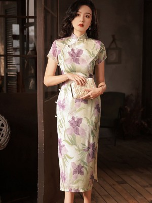 Purple Floral Print Cheongsam Qipao Dress