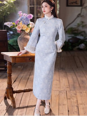 Blue Jacquard Floral Fleece Winter Cheongsam Qipao Dress