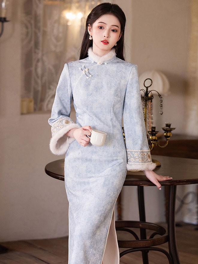 Blue Jacquard Floral Fleece Winter Cheongsam Qipao Dress