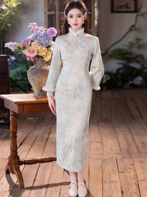Floral Print Fleece Winter Cheongsam Qipao Dress