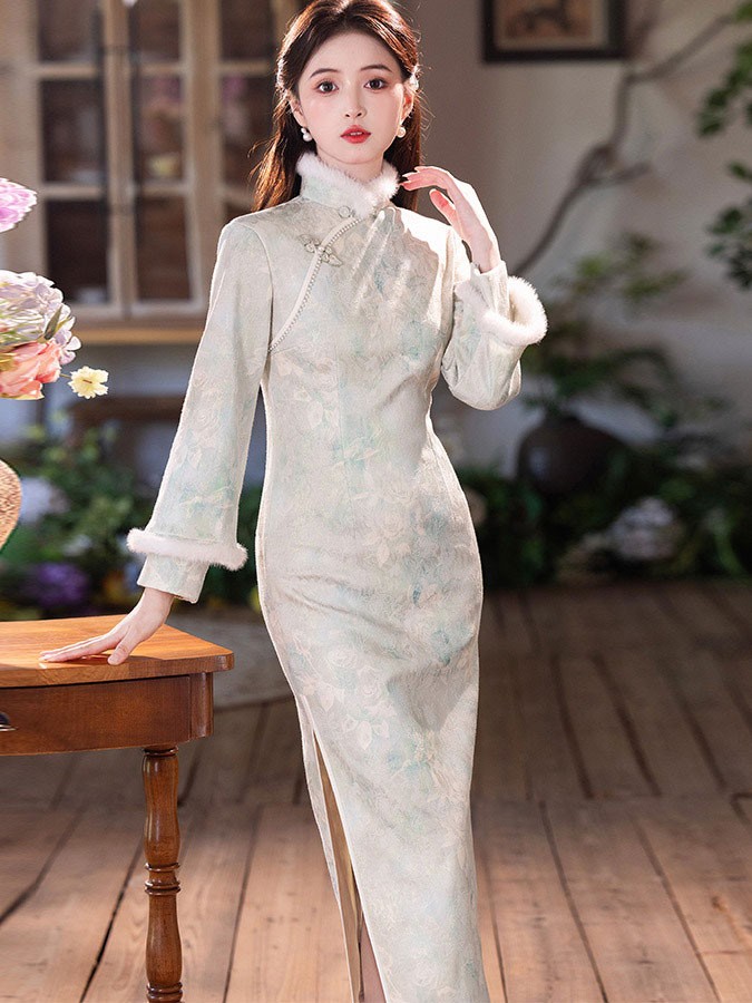 Floral Print Fleeve Winter Cheongsam Qipao Dress
