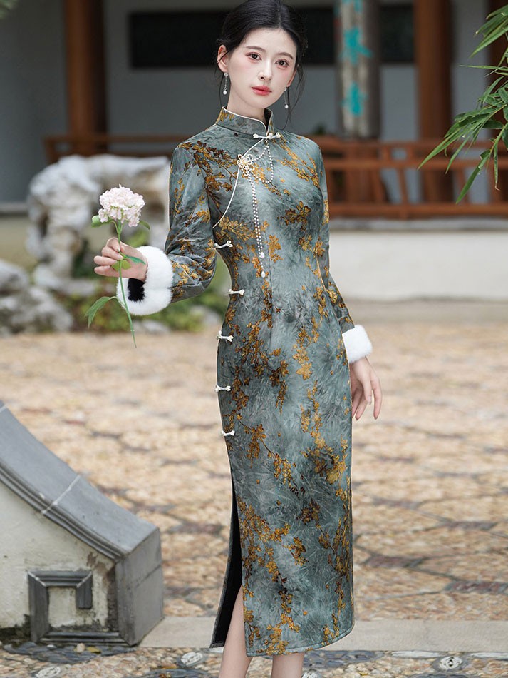 Green Floral Fleece Winter Cheongsam Qipao Dress