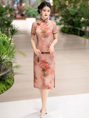 Pink Floral Print Midi Cheongsam Qipao Dress