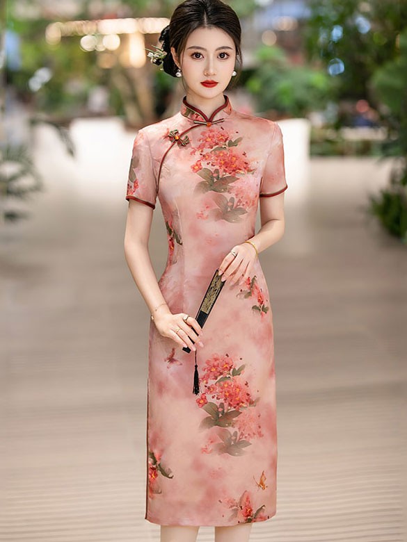 Pink Floral Print Midi Cheongsam Qipao Dress