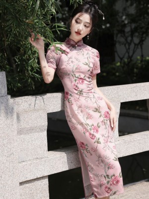 Summer Pink Floral Print Cheongsam Qipao Dress