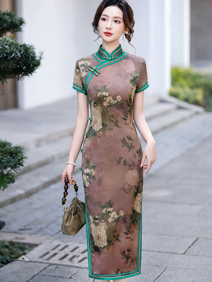 Floral Print Mothers Maxi Cheongsam Qipao Dress