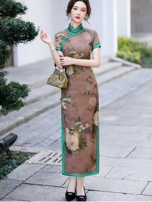 Floral Print Mothers Maxi Cheongsam Qipao Dress