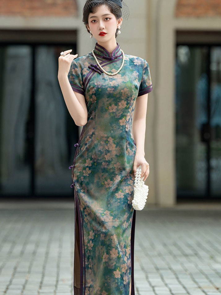 Green Floral Print Maxi Cheongsam Qipao Dress