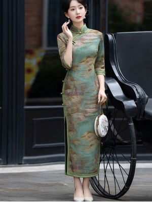 Green Print Linen Half Sleeve Maxi Cheongsam Qipao Dress
