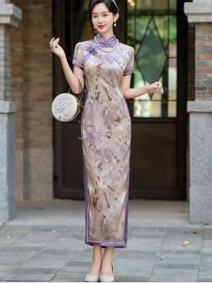 Shimmer Floral Print Maxi Cheongsam Qipao Dress